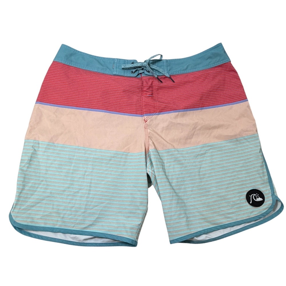 Quiksilver Highline SurfSilk Boardshorts Mens 36 Blue Red Striped Swim Trunks